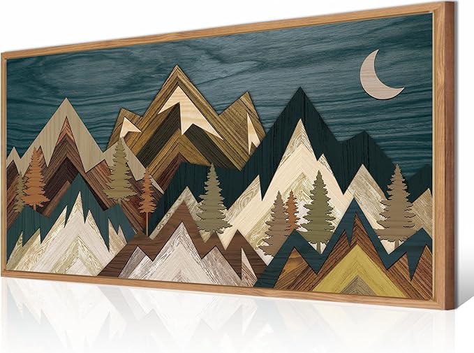 BINCUE Mountain Wall Art Framed Canvas Wall Art Nature Forest Wall Decor Rustic Farmhouse Wall Painting Moon Art for Living Room Bedroom Dining Room Large Size 20"x40"