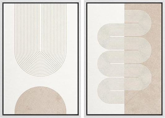 MUDECOR Framed Canvas Print Wall Art Set Pastel Tan White Geometric Wave Ribbons Abstract Shapes Illustrations Modern Art Decorative Contemporary for Living Room, Bedroom, Office - 16"x24"x2 White