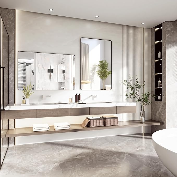 Black Bathroom Mirror 48X36 Inch Bathroom Vanity Mirror for Wall, Metal Frame Large Mirror, Tempered Glass, Modern Wall Mirror for Bathroom, Farmhouse, Horizontally or Vertically Hanging