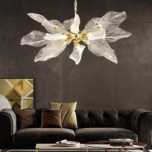 Modern Crystal Leaf Chandelier D31.5'' for Dining Room, Bedroom, Living Room, Foyer - LED Light Fixture Over Table, Gold-18 Lights, D800-Gold