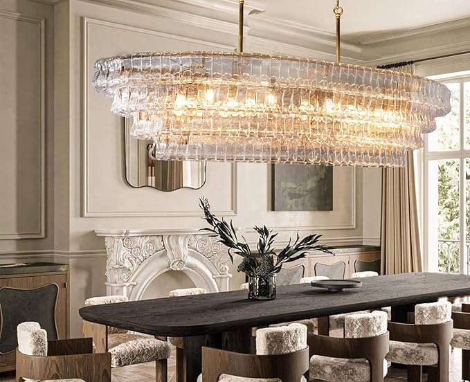 65 Inch Large Rectangular Gold Chandelier for Dining Room, Clear Glass Drum Modern Pendant Light Fixture, Extra Long Kitchen Island Lighting