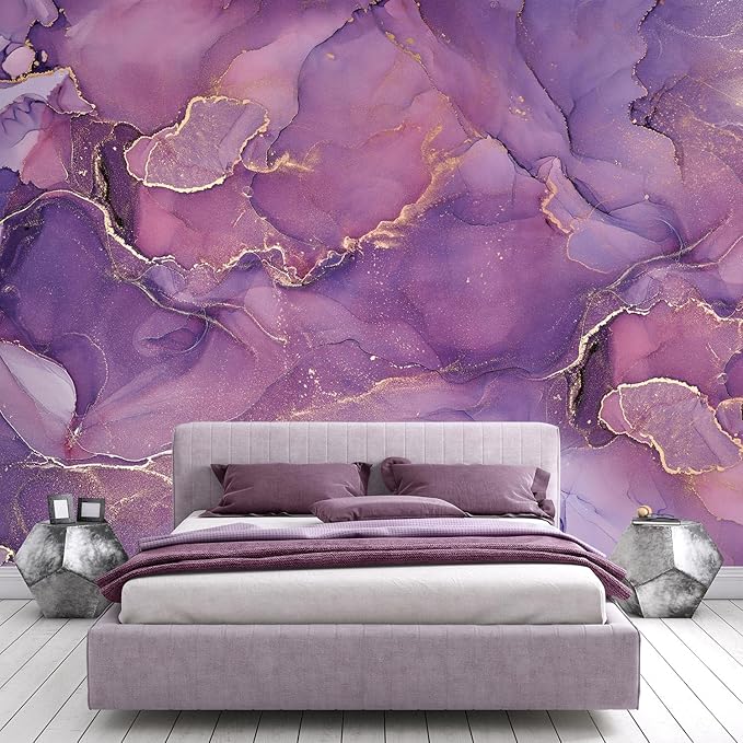 -Purple Marble Fabric Wallpaper Abstract Texture Mural Bedroom 140" x 91" (Not Peel and Stick)