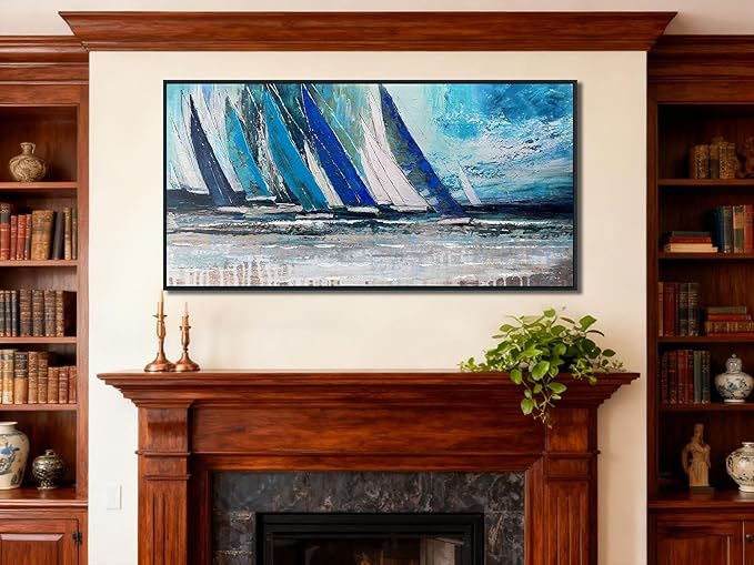 Arjun Framed Wall Art Blue Abstract Wall Art Canvas for Living Room, Teal Coastal Nautical Sailboat Picture Painting Artwork Bedroom Home Office Wall Decor, Black Wood Large 40"x20"