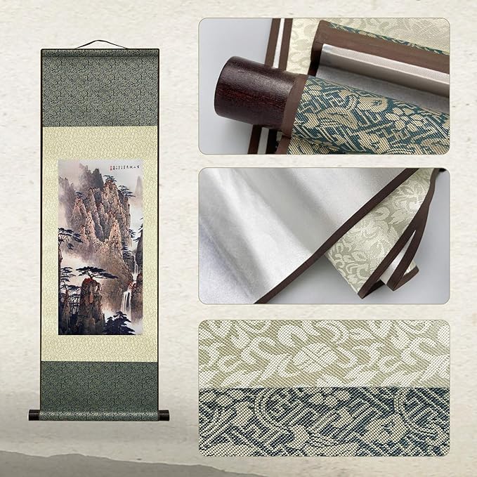 AtfArt Asian Wall Decor - Beautiful Silk Scroll Painting: Waterfall River Landscape - Autumn in Huangshan Mountain Oriental Decor - Chinese Wall Hanging (36.2 x 12 in)