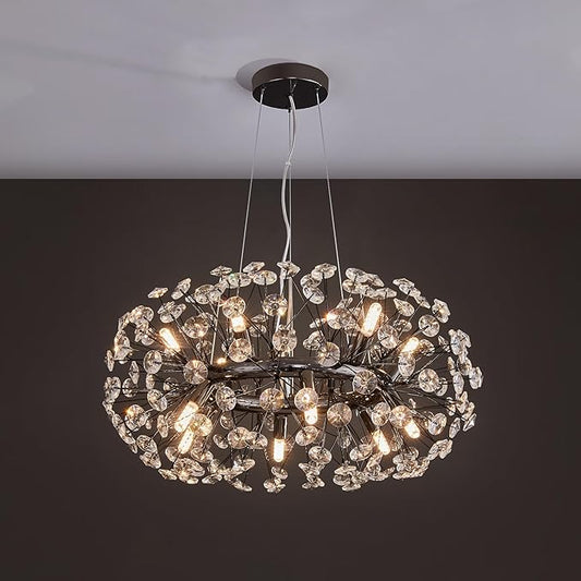Modern Firework Chandelier, Farmhouse Black Crystal Round Dandelion Sputnik Chandeliers, 23.62" Contemporary 12-Light Pendant Hanging Lighting for Dining Room Kitchen Bedroom Living Room