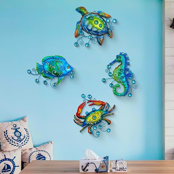 Metal Ocean Beach Theme Wall Decor Art, Set of 4 Sea Turtle Seahorse Crab Tropical Fish Indoor Bathroom Décor, 11 Inch Deep Blue Sea Wall Decoration, Metal Outdoor Christmas Decor Yard Art Christmas Decorations Gift