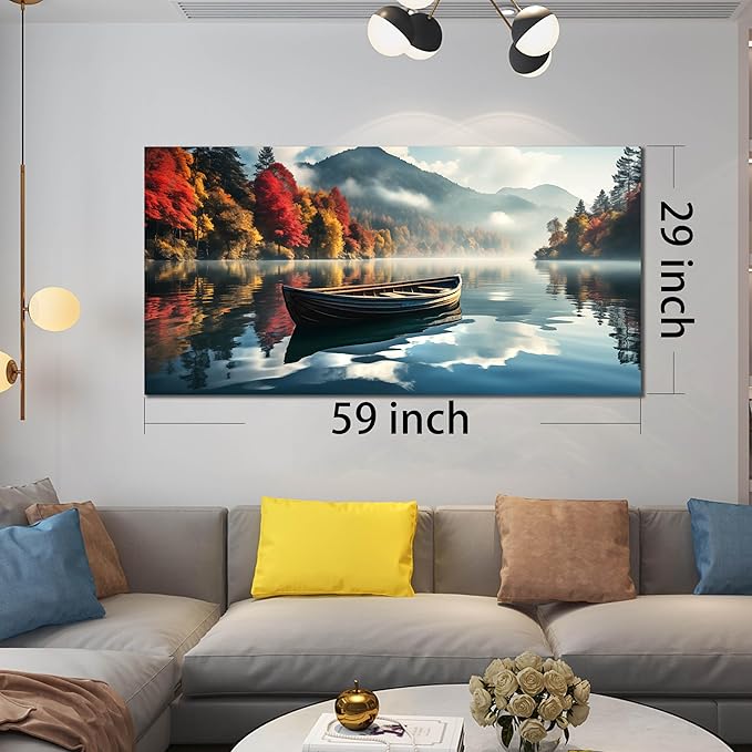 CANEITO View Wall Art for Living Room, Mountain Lake and Boat Wall-Decor for Bedroom, Natural Scenery Canvas Prints Pictures for Hallway Office, Size 59x29 Inches