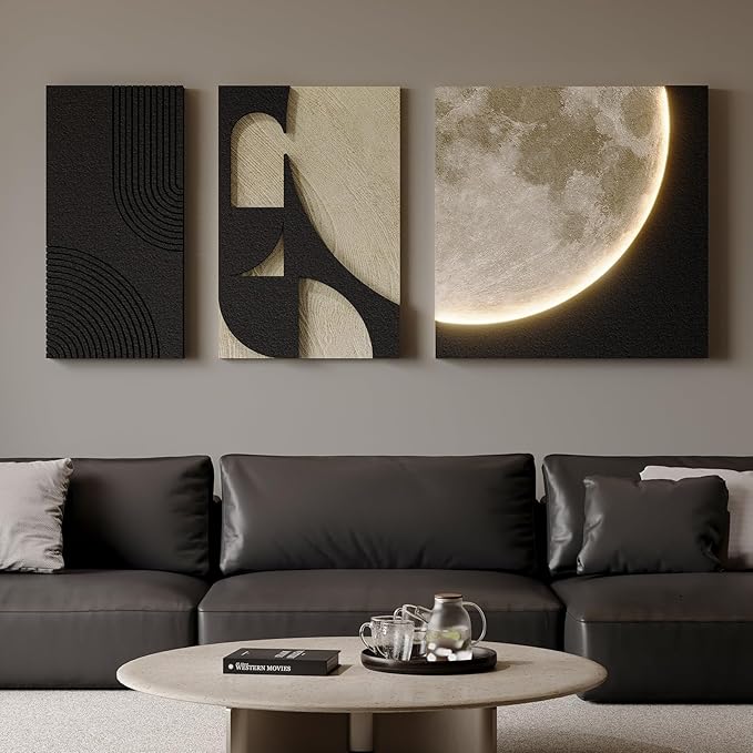 3D Textured Black and White Abstract Wall Art with LED Lights Moon Design, 3 Piece Modern Wall Paintings Artwork for Walls, Minimalist Neutral Black Beige Wall Decor for LIving Room, Hallway, Bedroom