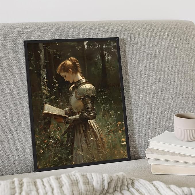 Lady Knight Reading In The Forest Wall Art, Woman Knight Oil Painting, Medieval Fantasy Poster Canvas, Dark Academia Wildflower Field Picture, Reading Wall Art for Bedroom 12x16in Framed