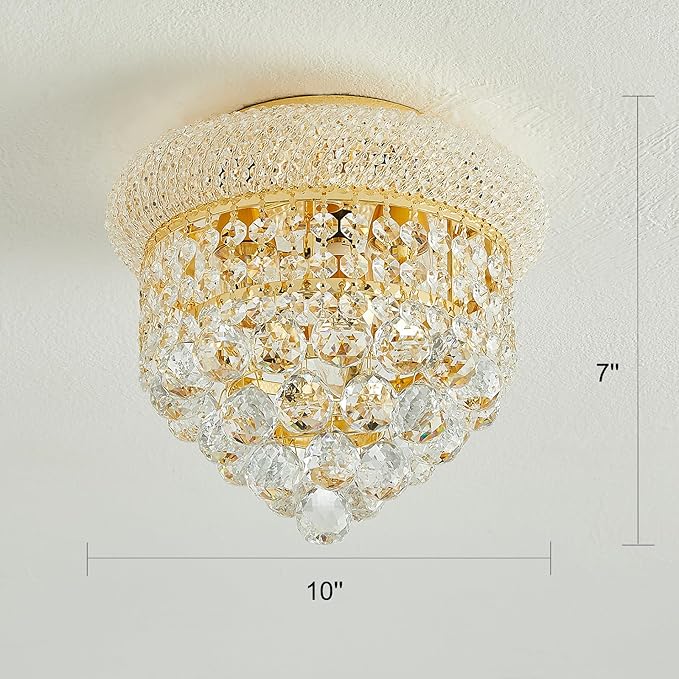 3-Light Crystal Flush Mount Chandelier Ceiling Light Fixture for Living Room Dining Room Bedroom Foyer Entryway Hallway Closet Bathroom (Gold D10)