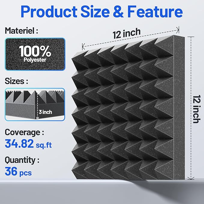 36 Pack Pyramid Sound Proof Foam Panels for Walls with Updated Self-Adhesive 3"X12"X12" High Density Acoustic Panels Sound Absorbing Fast-Expanding Soundproof Wall Panels for Gaming Studio Decor-Black