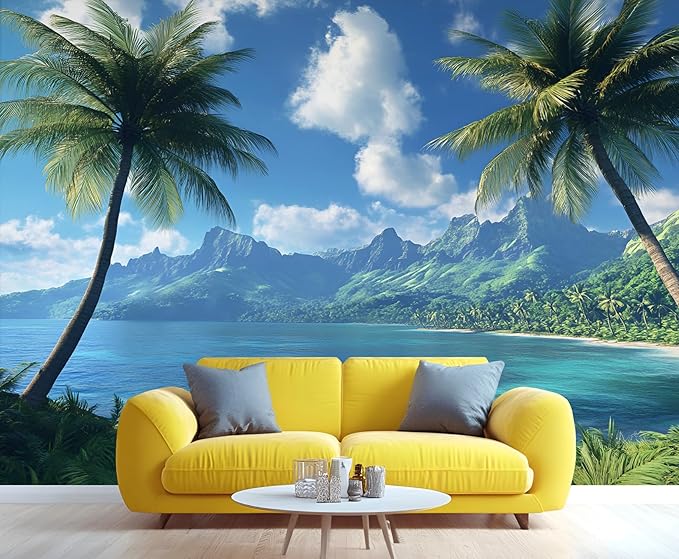 Blue Sky Sea Wall Murals, Coconut Trees Mural Wallpaper, Green Mountains Wall Decor, White Clouds Mural for Bedroom, Island Scenery Wallpaper for Living Room 196"（W） x 118"（H）