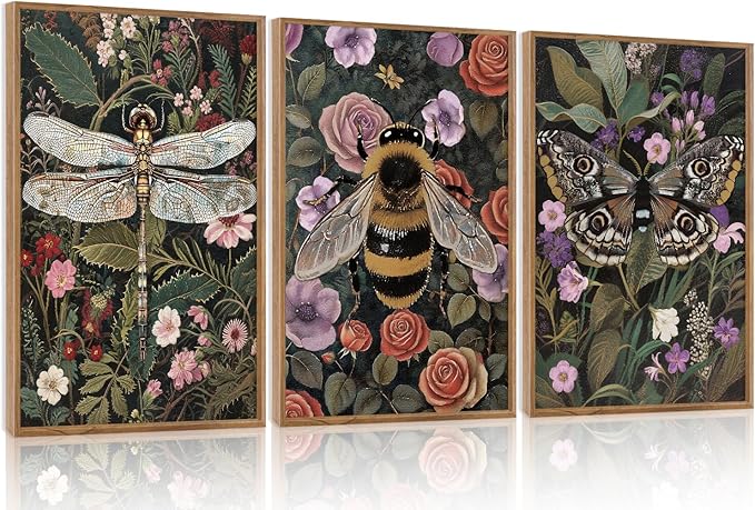 Aurlan Moody Boho Flowers Insect Framed Wall Art(16"x24"), 3PCS Dark Academia Cottage Core Whimsical Bee Butterfly Dragonfly Canvas Artwork, Abstract Vintage Floral Botanical Plant Decor for Home Office Bedroom
