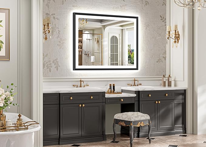 40x32 Black Framed Led Bathroom Mirror with Lights, Front Lit and Backlit, Lighted Vanity Mirror for Bathroom Wall, Anti-Fog, Dimmable, 3 Colors, Memory, HD Tempered Glass