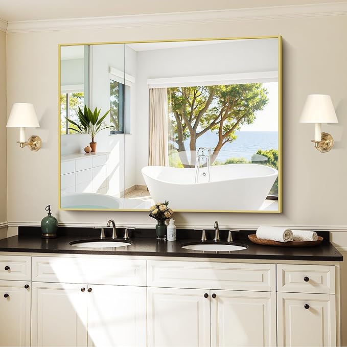 KOCUUY Gold Mirror, 48"x36" Large Gold Bahtroom Mirror for Over Sink, Metal Frame Rectangle Mirror with Modern Design for Bathroom, Living Room, Farmhouse, Entryway, Hang Horizontal/Vertical