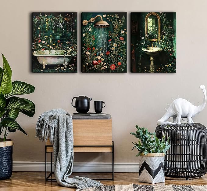 3 Pcs Green Botanical Bathroom Canvas Wall Art Washbasin Shower Baths Floral Picture Wall Decor Rural Dark Green Wildflowers Bathroom Poster Print Paintings for Laundry Room Home Decoration