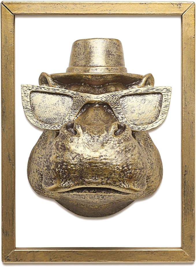 JJALIGHTS Exquisite Resin Animal Head Wall Sculpture (Gift Metal Frame) - Imitation Copper Vintage Decor for Living Room, Bedroom & Office | Decorative Wall Hanging Art(Hippo)