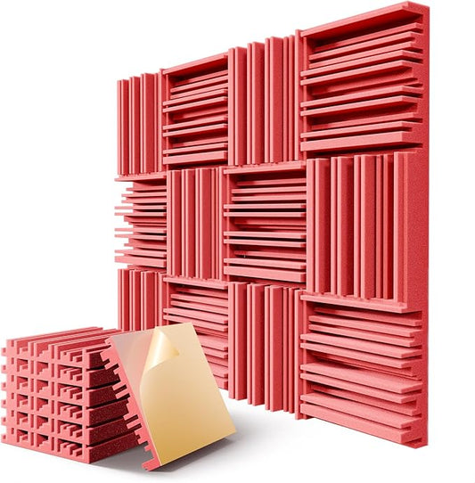12 Pack Acoustic Foam Panels for Walls, 12" x 12" x 2" Soundproof Wall Panels, Self-Adhesive Soundproofing Padding, High Resilience Sound Absorbing Panels for Home Studios, Offices - Red