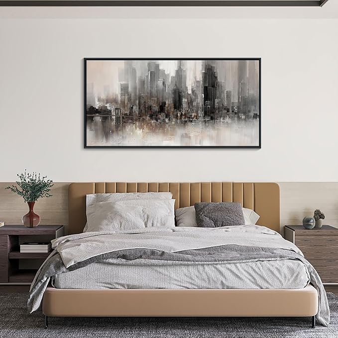 Cityscape Wall Art New York City Skyline Buildings Picture Modern Abstract Grey NYC Skyline Birds Painting Framed Artwork for Bedroom Living Room Bathroom Home Office Decor 20×40IN