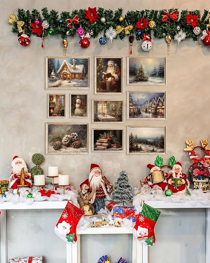 KBKBART Christmas Wall Art Prints Set of 10, Winter Christmas Picture Wall Decor Santa Xmas Tree Forest Canvas Artwork, Snow Scene Street Christmas Aesthetic Posters for Bedroom, Vintage Christmas Holiday Decor - Unframed
