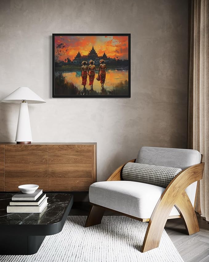 Cambolia Art Print Poster, Asia Oriental Countries Culture Wall Art Asian Paintings for Bedroom Bathroom Living Room Decor 97 (Cambolia, 24 x 36 inches, Black Frame)