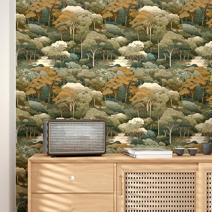 Autumn Forest Wallpaper Peel and Stick Vintage Yellow Trees Woodland Contact Paper 17.4" x 393" Waterproof Self-Adhesive Wall Paper for Bedroom Countertop Desk Cabinets Shelf Decor Renter Friendly