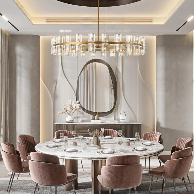 Modern 48 inch Gold Round Chandelier Light Fixture,Crystal Chandeliers for Dining Room,Living Room, Wagon Wheel Chandelier Over Table, Chandeliers for Bedroom,Foyer,G4 Bulbs Included