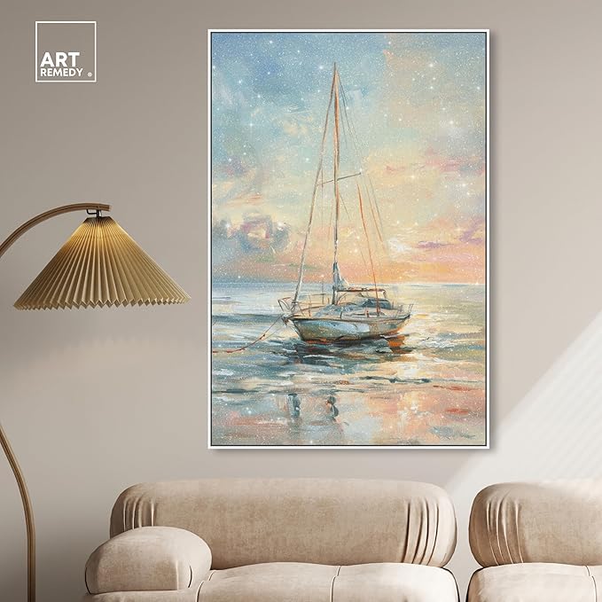 Art Remedy Boat On The Shore Framed Sailing 1 Piece Canvas Wall Art, 37" x 55", White Frame