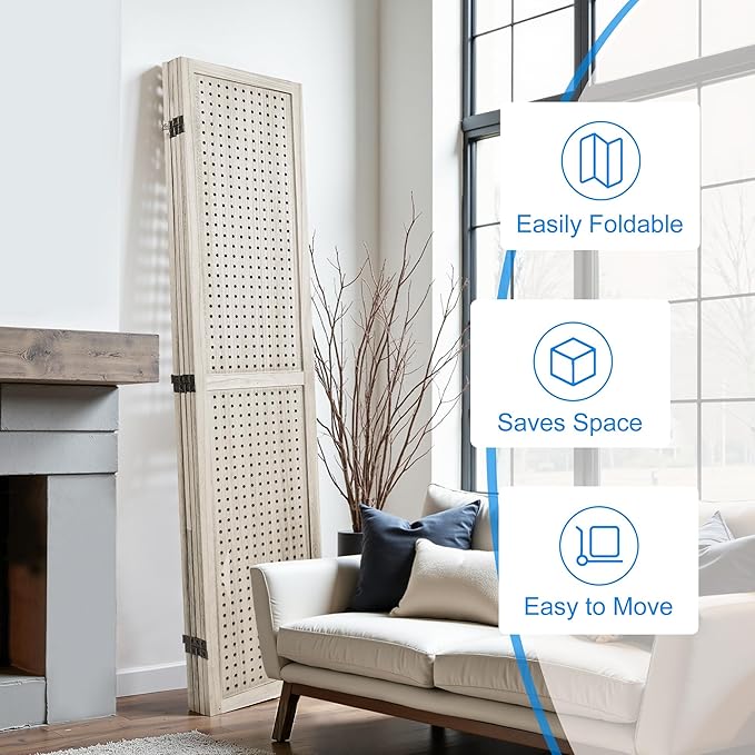 2 PCS Room Dividers 4 Panel Pegboard Display 5.6FT Wood PegBoard Room Divider,Folding Privacy Screens Portable Freestanding Partition Wall Divider for Art Shows & Room Separation, Natural Wood