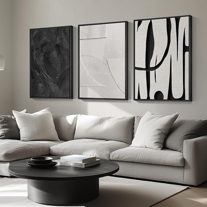 Large Framed Black and White Abstract Wall Art for Living Room, 3 Piece Big Modern Canvas Prints Paintings Artwork for Walls, Minimalist Abstract Art Pictures for Hallway, Office Wall Decor 24x36 In