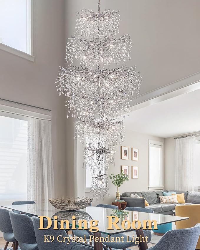 Modern Staircase K9 Chandeliers, Luxury Silver Long 7-Tier Large Foyer Entrance Chandeliers for High Ceiling Big Crystal Chandelier(Height 87 Inch 55 Lights)