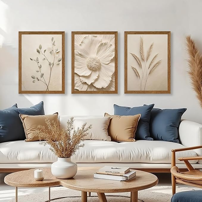 JLTULT 3 Piece Framed Neutral Beige Floral Canvas Wall Art, Modern Simple Texture Blossom Wall Decor, Vintage Botanical Flower Art Prints for Living Room Bedroom Farmhouse 16x24 inch Ready to Hang