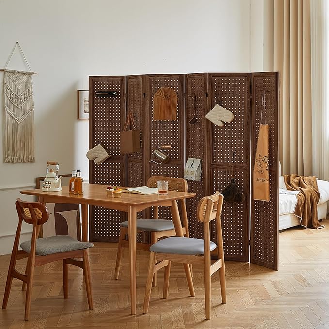 6 Panel Pegboard Display with 24 Hooks, Wood Room Divider Wall, 5.6Ft Folding Privacy Screen Divider Room, Portable Freestanding Wall Organizer for Bedroom Reading Room(Dark Brown)
