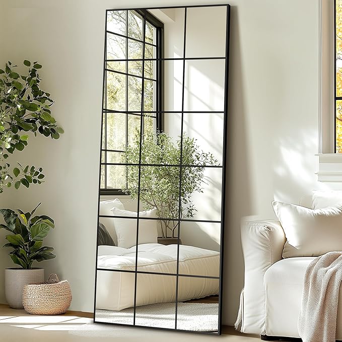 Delma Full Length Mirror, 30"x 70" Window Pane Decorative Mirror for Wall, Black Metal Framed Wall Decor, Wall Mounted, Hanging or Leaning for Bedroom, Living Room, Entryway