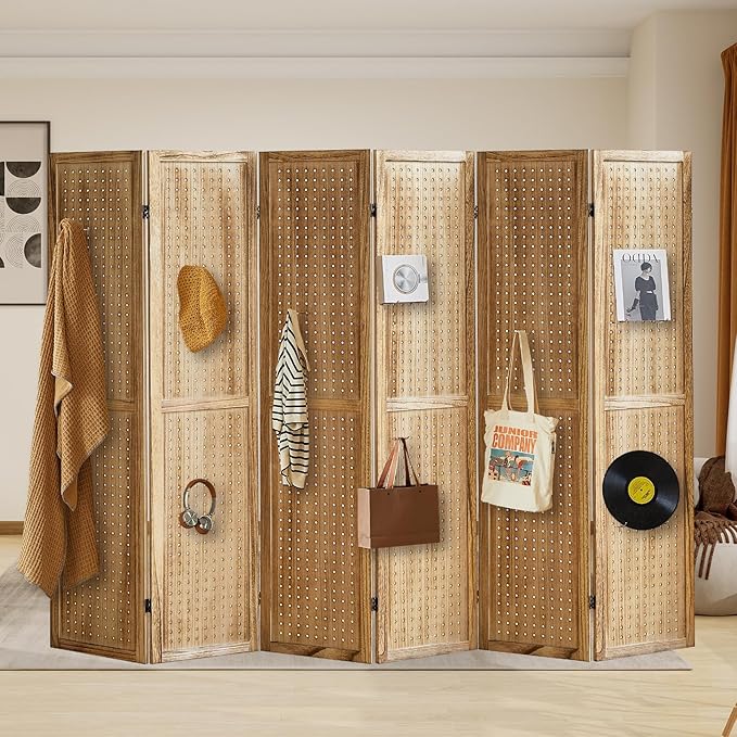6 Panel Pegboard Display with 24 Hooks, Pegboard Room Divider and Folding Privacy Screens, Partition Room dividers, Wooden Room Divider Wall, Jewelry Store, Bedroom, Balcony, Light Brown