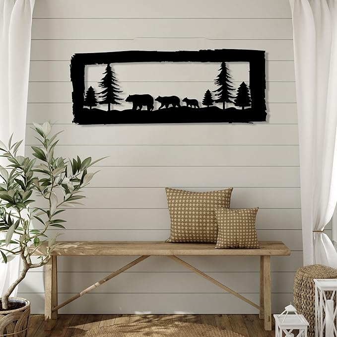 Bear Family Metal Wall Art, Bear and Pine Tree Forest Wall Hanging, Metal Framed Wildlife Wall Decoration, Animal Art, Farmhouse Wall Decorations, Cabin Decor, Over Bed Decor, Home Decor, Nature Lover Gift
