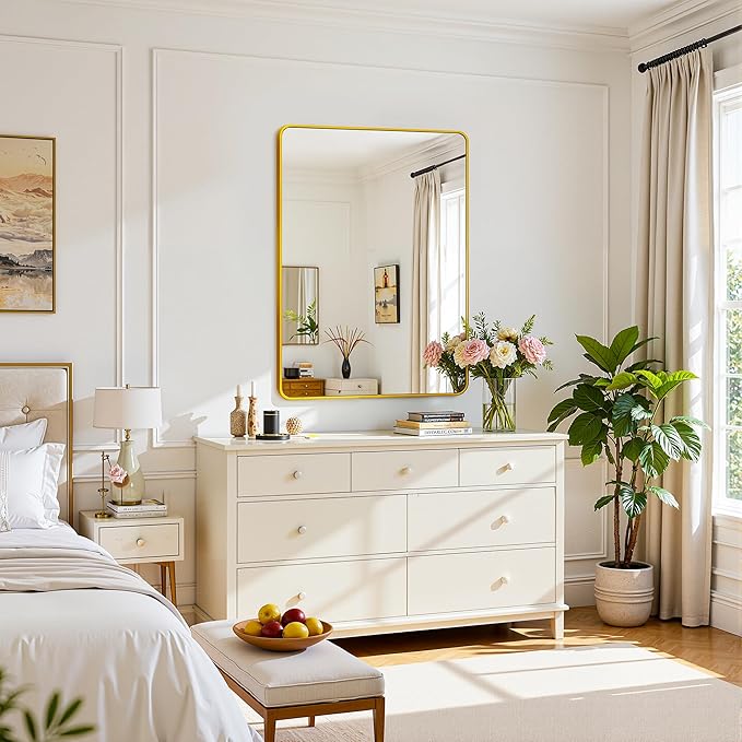 Antok Wall Mirror, 24"x36" Bathroom Vanity Mirror, Anti-Rust HD Tempered Glass, Wall Mounted Mirrors for Living Room, Entryway, Gold Frame, Rect