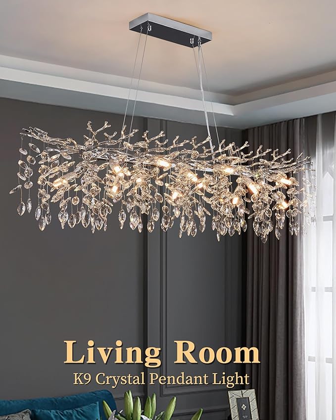 Modern Tree Branch Crystal Chandelier Luxury Silver Crystal Pendant Lighting 47.2" Contemporary 14-Light Chandeliers for Dining Room Kitchen Bedroom Living Room