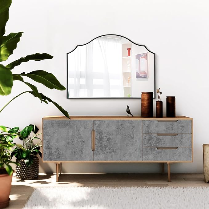 Black Scalloped Arched Mirror: 35"x26" Large Modern Wall Mirror - Minimalist Decorative Dresser Mirrors for Vanity/Bedroom/Fireplace/Living Room/Entryway/Wall Decor