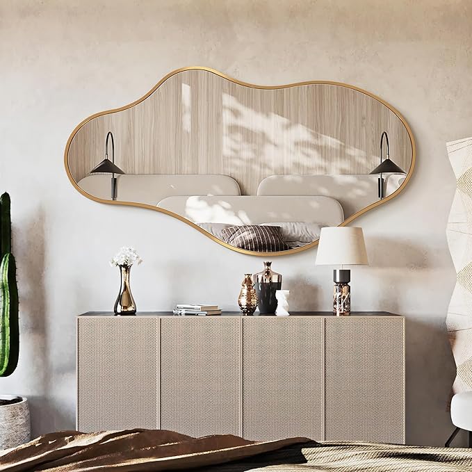 Bathroom Mirrors for Over Sink - Long Wall Mirrors Decorative 24"x 43" Asymmetrical Abstract Aviation Aluminum Alloy Frame Unique for Bedroom, Living Room, Cloakroom, Entryway Gold