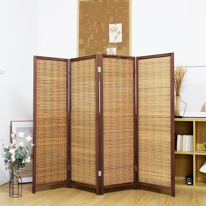 4 Panel Short Panel Divider Screen,3.95 FT Tall Bamboo Room Divider Folding Privacy Screen,Short Panel Divider Freestanding Room Divider for Room Seperation,Brown