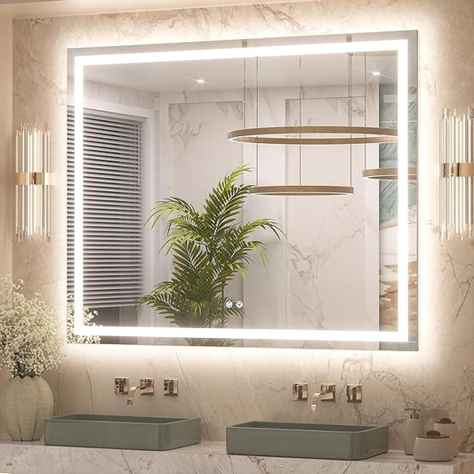 Keonjinn 48 x 40 Inch LED Bathroom Mirror with Lights, Bighter Frontlit & Backlit Vanity Mirror with Stepless Dimmable 3-Color, Anti-Fog Mirror for Wall, HD Tempered Glass, Memory Founction, CR90+