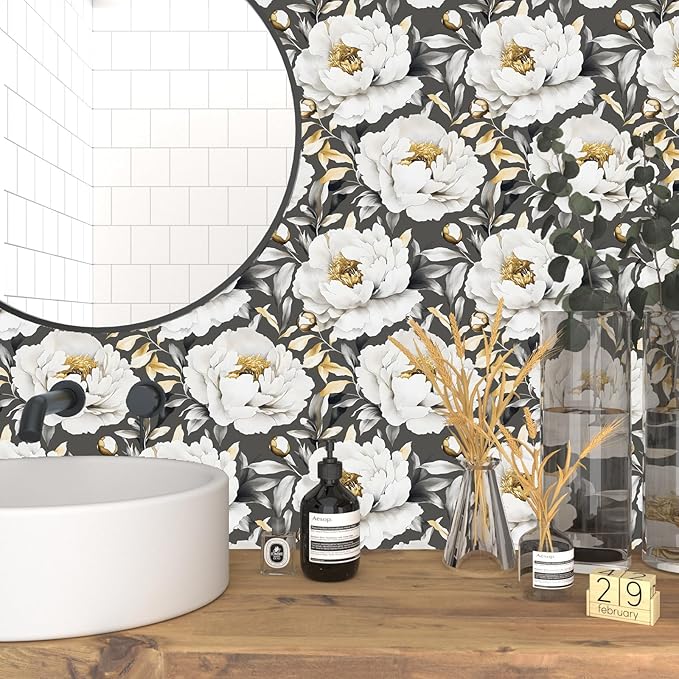 Boho Wallpaper Peel and Stick Dark Floral Wallpaper for Cabinet 17.5x118in Waterproof Removable Modern Large Flowers Leaf Wall Paper for Room Walls Bathroom Decor