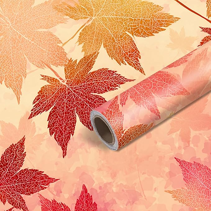 Nuxovilar Autumn Maple Leaf Beige Background Textured Peel and Stick Wallpaper, 15.75"x39.37", Self-Adhesive Contact Paper, Red Orange Foliage Pattern for Bedroom, Living Room and Table Decor