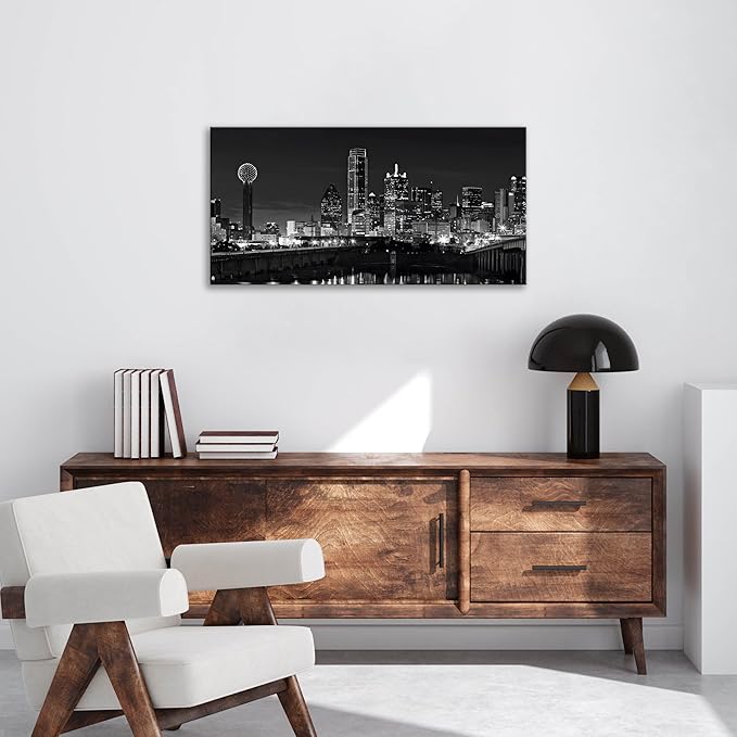 NAN Wind 1 Pcs Dallas Skyline Canvas Wall Art Black White Cityscape Night Scene Modern City Giclee Prints on Canvas Framed Urban Home Decor Skyscrapers Picture Painting for Room Decor