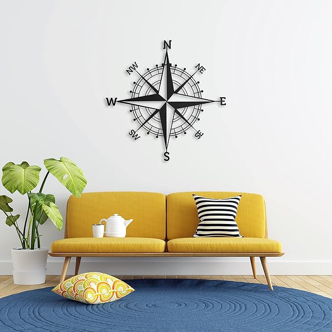 Nautical Compass Rose Metal Wall Art, Large Wall Decor, Black Compass Wall Sculptures, Indoor Outdoor Hanging, Housewarming Gift for Home Decor, Room Decor, Living room, Bedroom (Black 12" x 12")