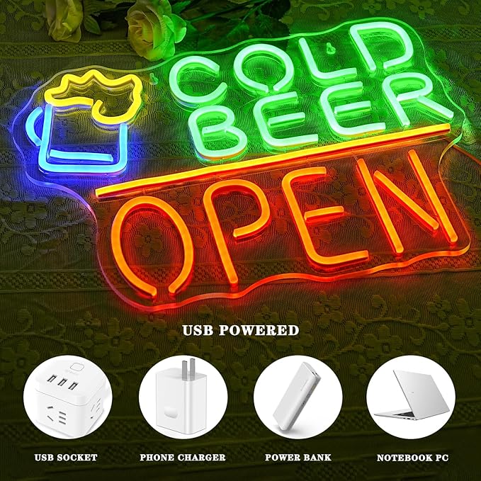 Cold Beer Open Neon Sign Beer Neon Light for Wall Decor Cold Beer LED Neon Signs Colorful Led Neon Lights for Man Cave Store Bar Party Bistro Decoration