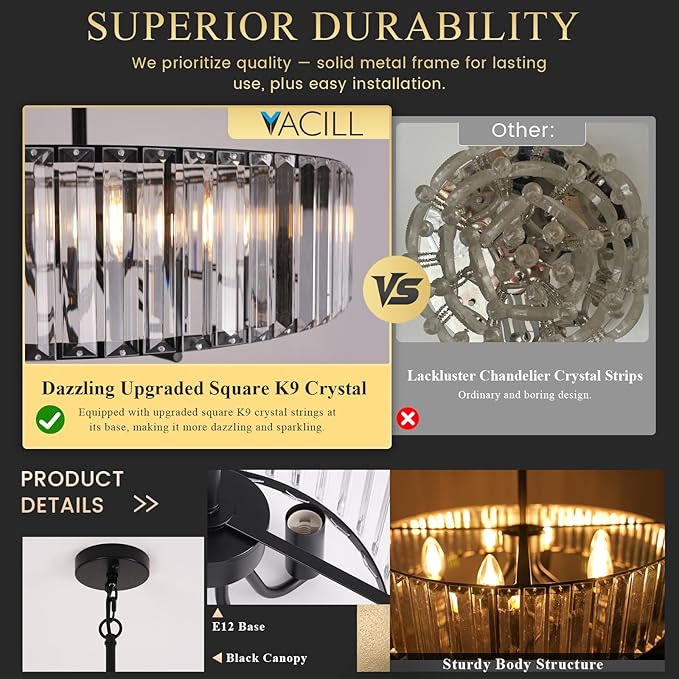 Black Crystal Chandelier for Dining Room, 6-Light Modern Semi Flush Mount Chandelier Lighting Fixtures,Round Kitchen Hanging Drum Pendant Lights Ceiling for Bedroom Entryway Foyer, E12 Base, 19.7Inch