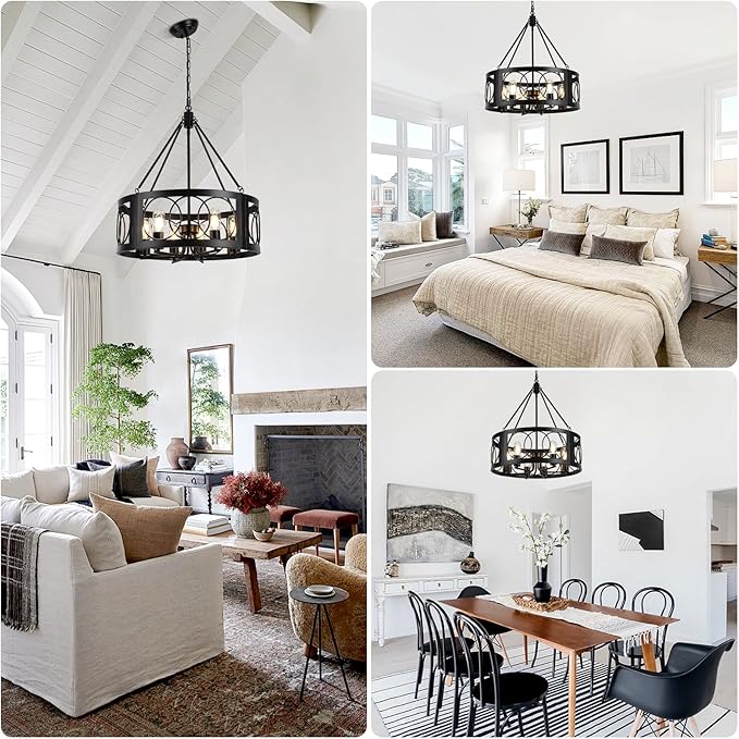 Modern Farmhouse Chandelier, 6-Light Black Chandeliers for Dining Room, 21.6'' Rustic Adjustable Pendant Lights Drum Light Fixture for Entryway Living Room Foyer Kitchen Island Bedroom, E26