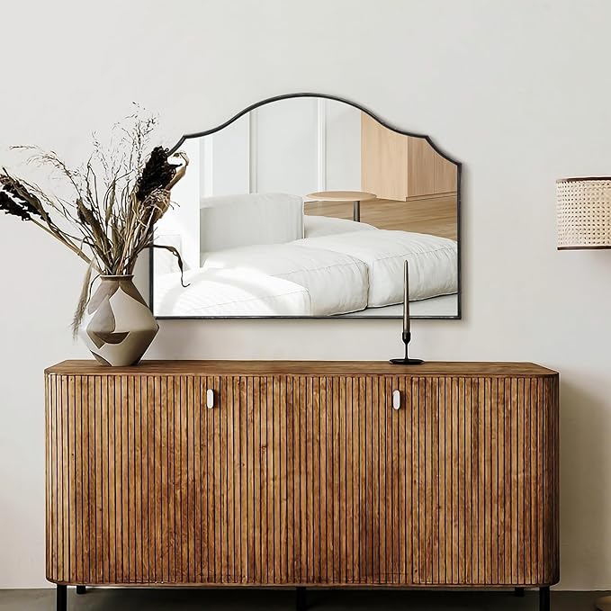 Black Scalloped Arched Mirror: 32"x24" Modern Wall Mirror - Minimalist Mantel Mirrors for Vanity/Bedroom/Entryway/Bathroom/Hallway - Home Decor for Small Apartment